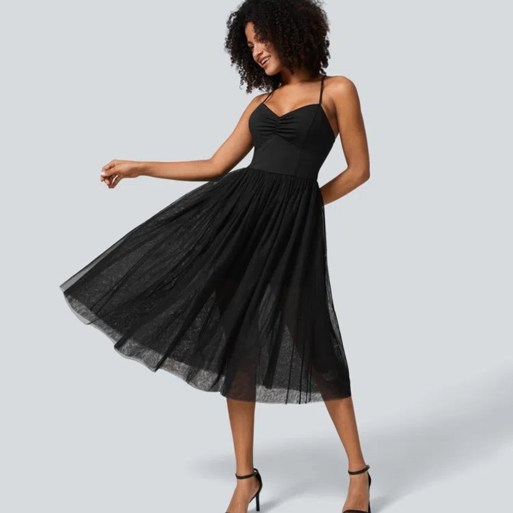 HALARA Black Sleeveless Spaghetti Strap Midi Dress